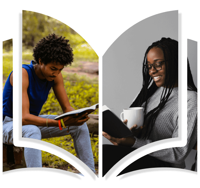 Two people sitting and reading a book each